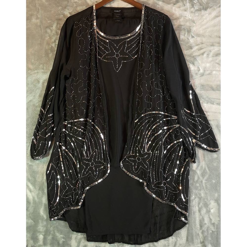 Ashro Yasia 3 Piece Pant Set 16 Black Silver Sequin Beaded Jacket Suit Formal